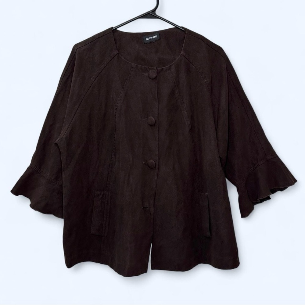 Avenue Faux Suede Lightweight Jacket in Brown, 3/4 Ruffle Sleeves, Button Front